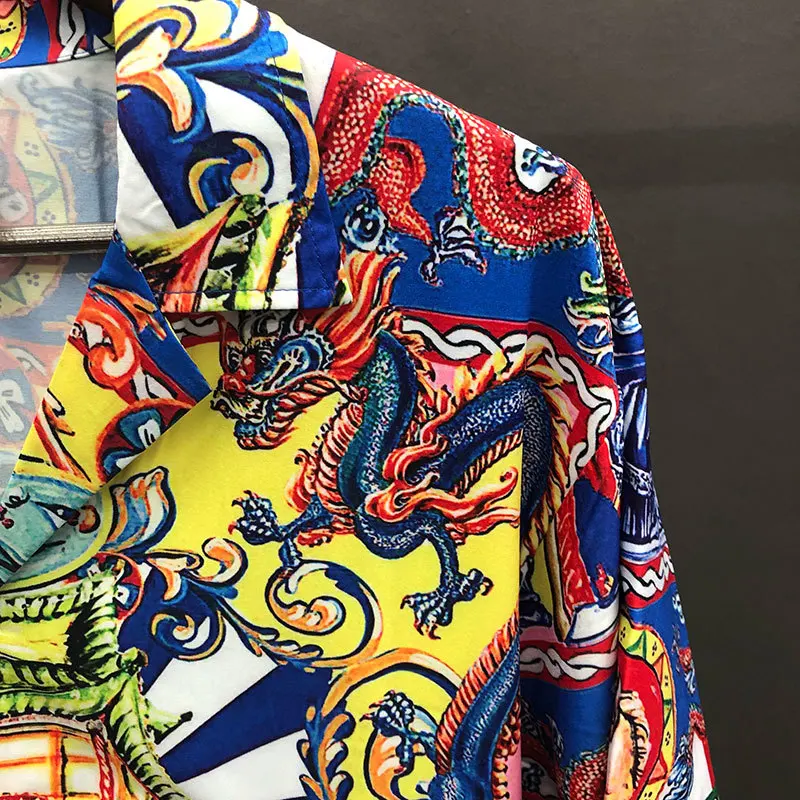 Ethnic Vintage Portrait Print Shirt Short Sleeve Casual Men Shirt Suit Summer Camisa Masculina Color Contrast Set Moda Hombre