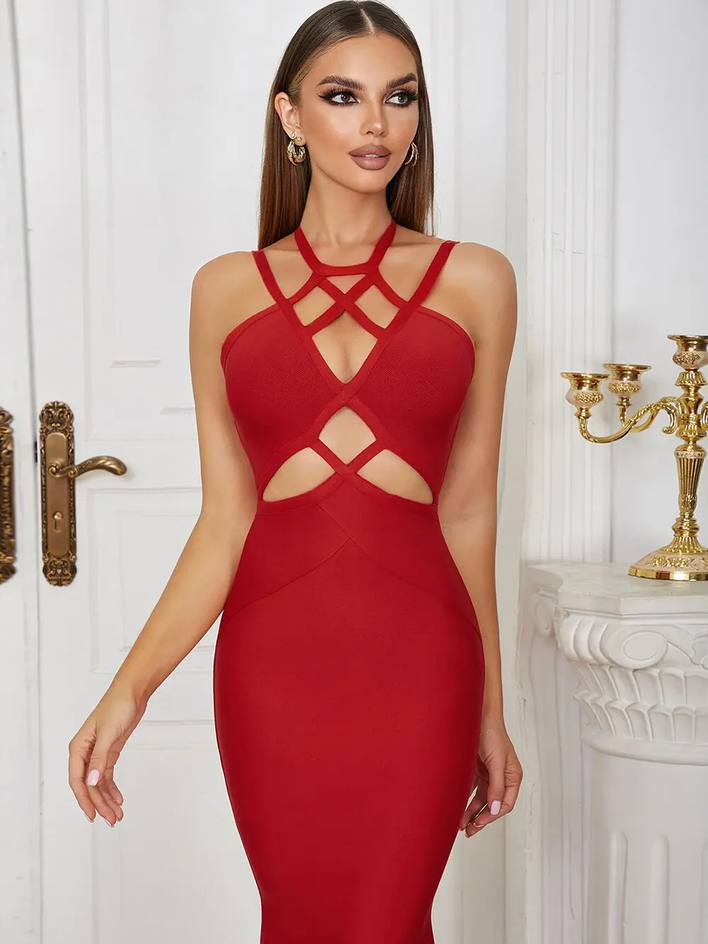 Wysokiej jakości pasek Spaghetti obcisła sukienka damskie drążą Backless zasznurować Sexy eleganckie gwiazdy wieczór Party sukienki średniej długości