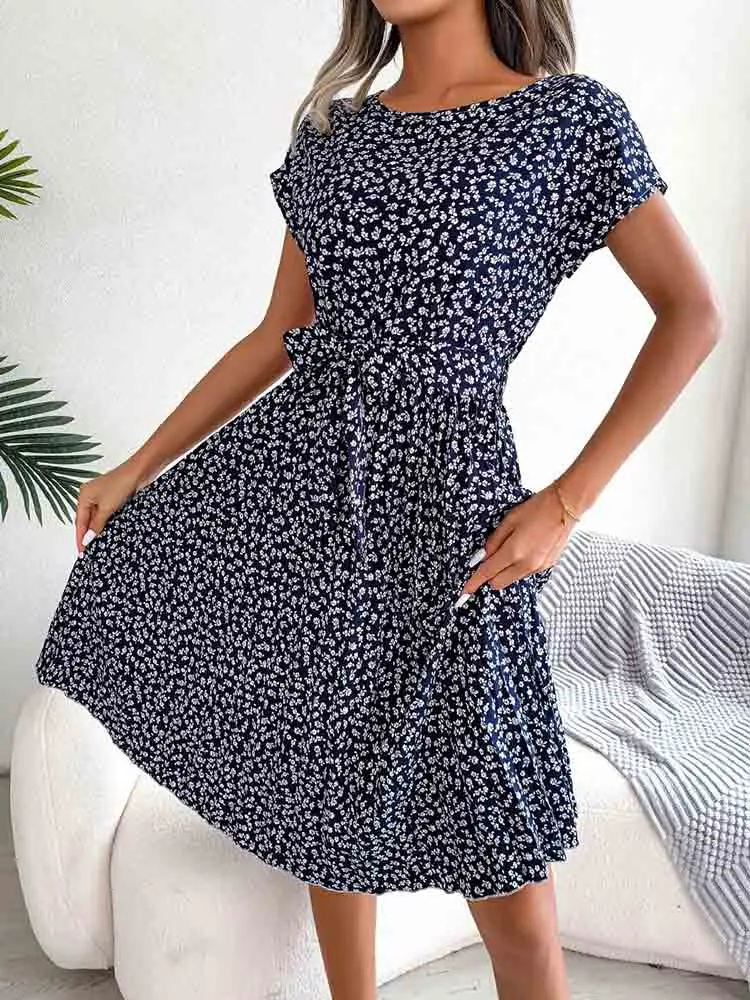 Fashion Floral Pleated A Line Long Dress Women Spring Summer Short Sleeve High Waist Chic Dress