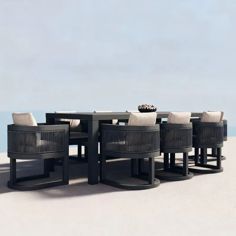 9 Piece Garden Dining Chairs Set Aluminum Woven Rattan Frame Balcony Leisure Dining Table Set