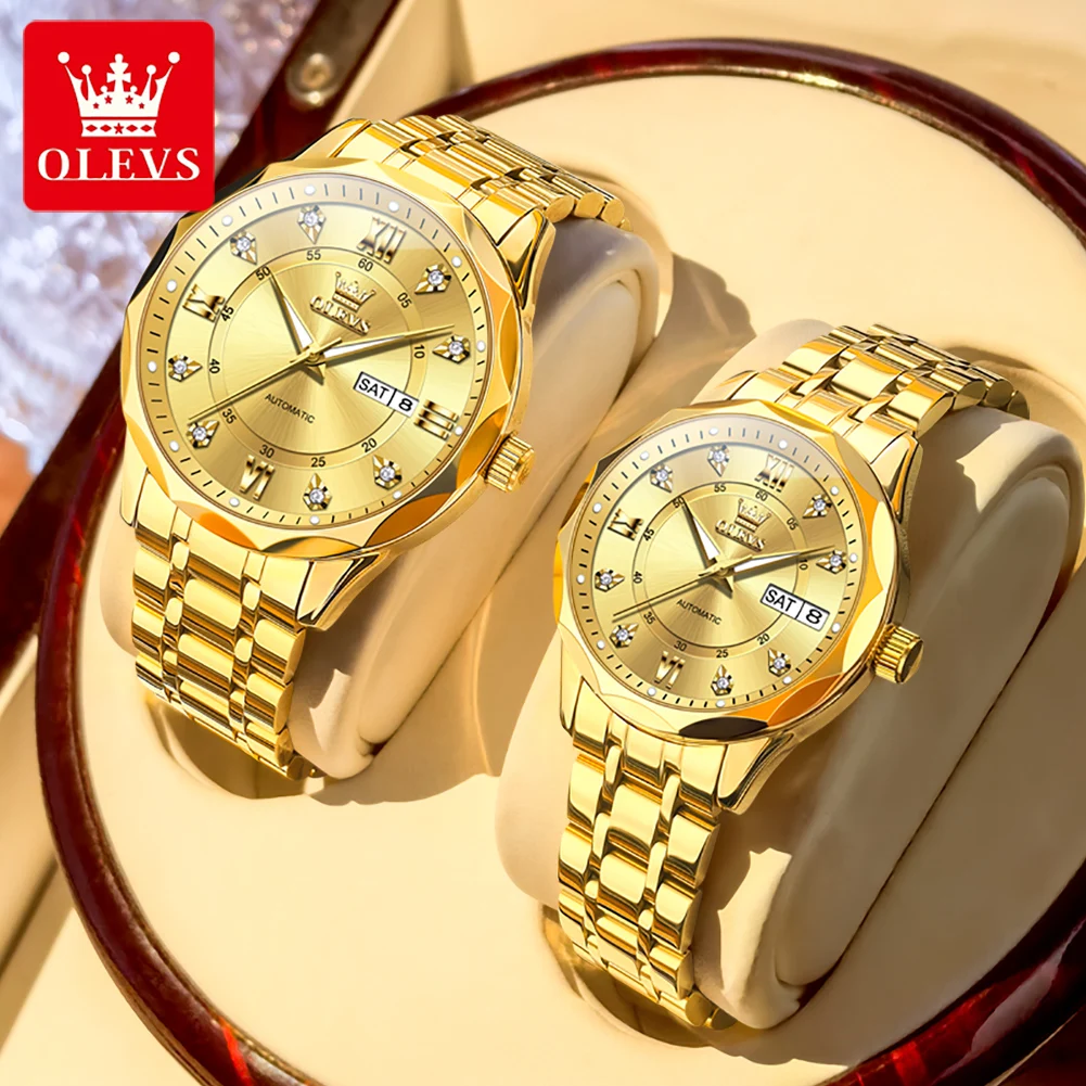 OLEVS 6727 Romantic Couple Watch 6727 Fashion Dual Calendar Luminous Waterproof Automatic Mechanical Watch for Man and Women