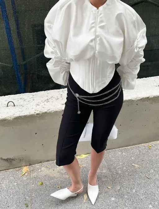 Nuova camicia cardigan a maniche lunghe attillata in vita a lisca di pesce con cerniera sul davanti in tinta unita per donna, camicia a pieghe alla moda