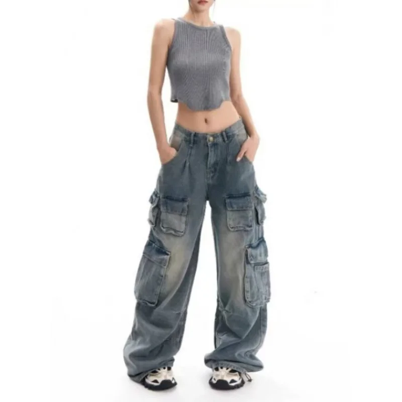 

2025Autumn New European and American Styley2kTrendy Girl's Jeans Women's Cargo Style Vintage Design Floor-Length Pants