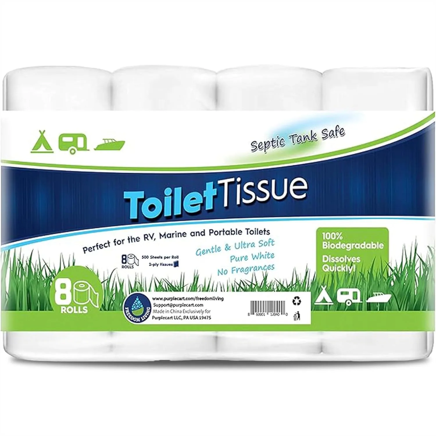 

Septic Safe Toilet Tissue for Campers and RVs, Biodegradable 2-Ply RV Toilet Paper, 8 Rolls of 500 Sheets