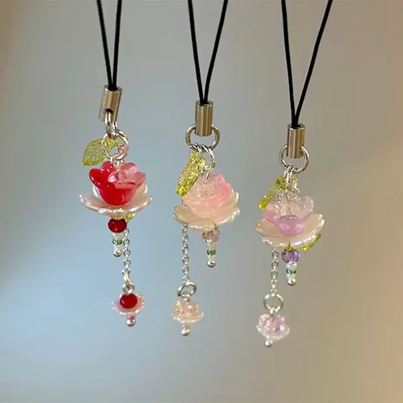 Llavero hecho a mano de flor de loto para teléfono, accesorio de cuentas delicadas Rojas, regalo, Idea