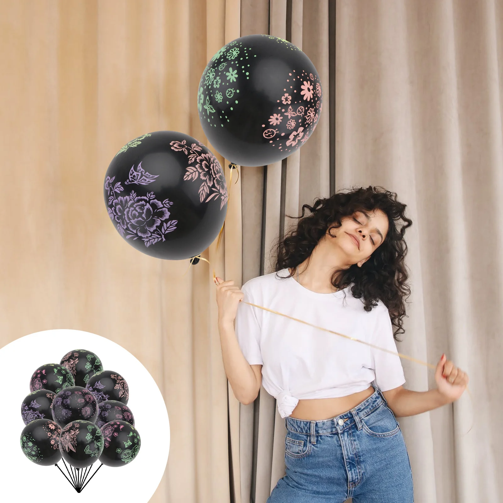 

100Pcs Black Printed Latex Balloons 12-Inch Thick Fluorescent Design Festive Party Decor for Wall Door Ceiling Festival