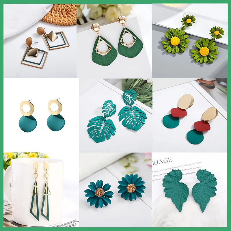 Korean Geometric Green Color Flower Drop Earrings for Women Petals Round Heart Leaf  Metal Brincos Wedding Party Jewelry Gift