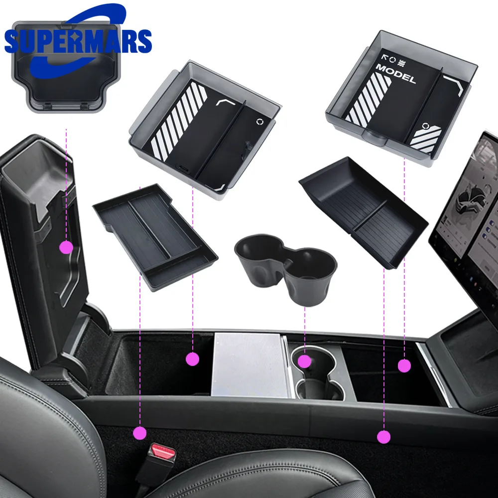 Center Console Storage Box Fits Tesla Model Y Juniper 2026 Model YL Translucent Smoked ABS Organizer 2/4/6PCS Silicone Pad Set