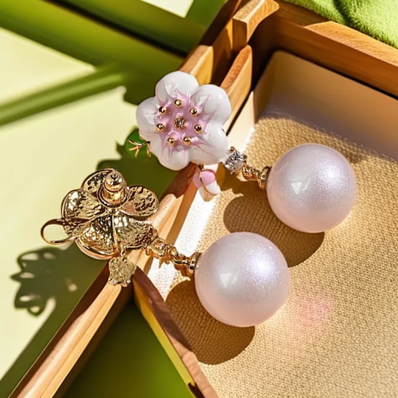 Retro Gentle Sense Pink White Flower Fake Pearl Handmade Dripping Glaze Stud Earrings for Women Earrings Light Luxury High-end