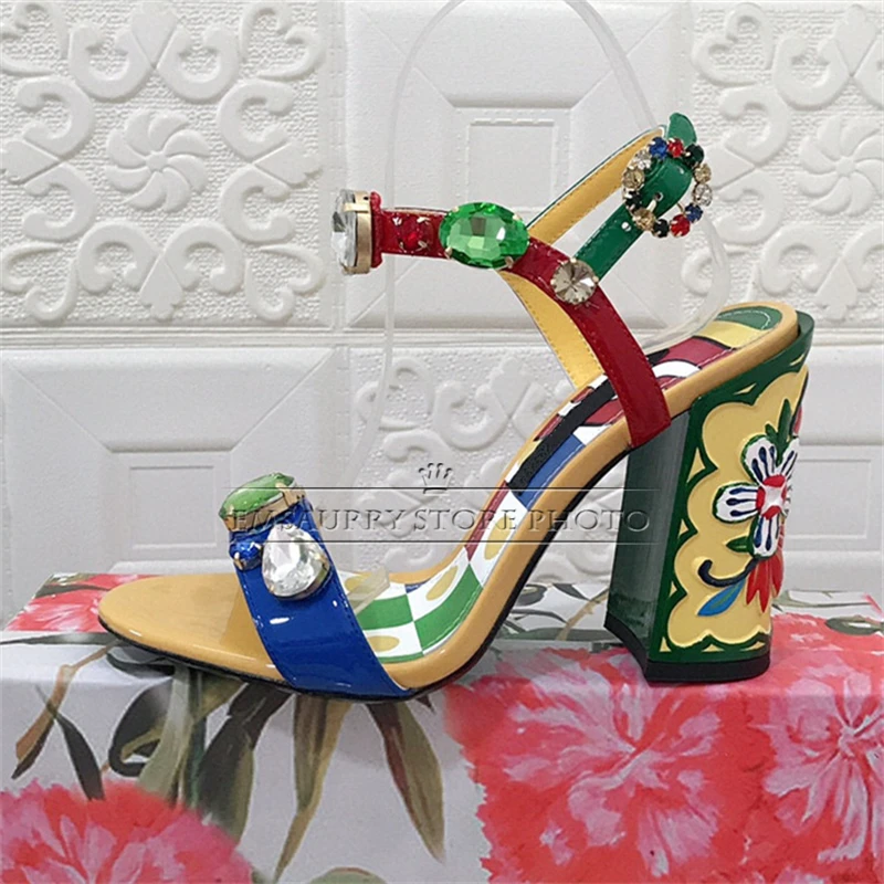 Colorful Print High Heel Modern Sandals Women Exotic Style Diamond Rhinestone Ankle Strap Holidays Shoes Summer