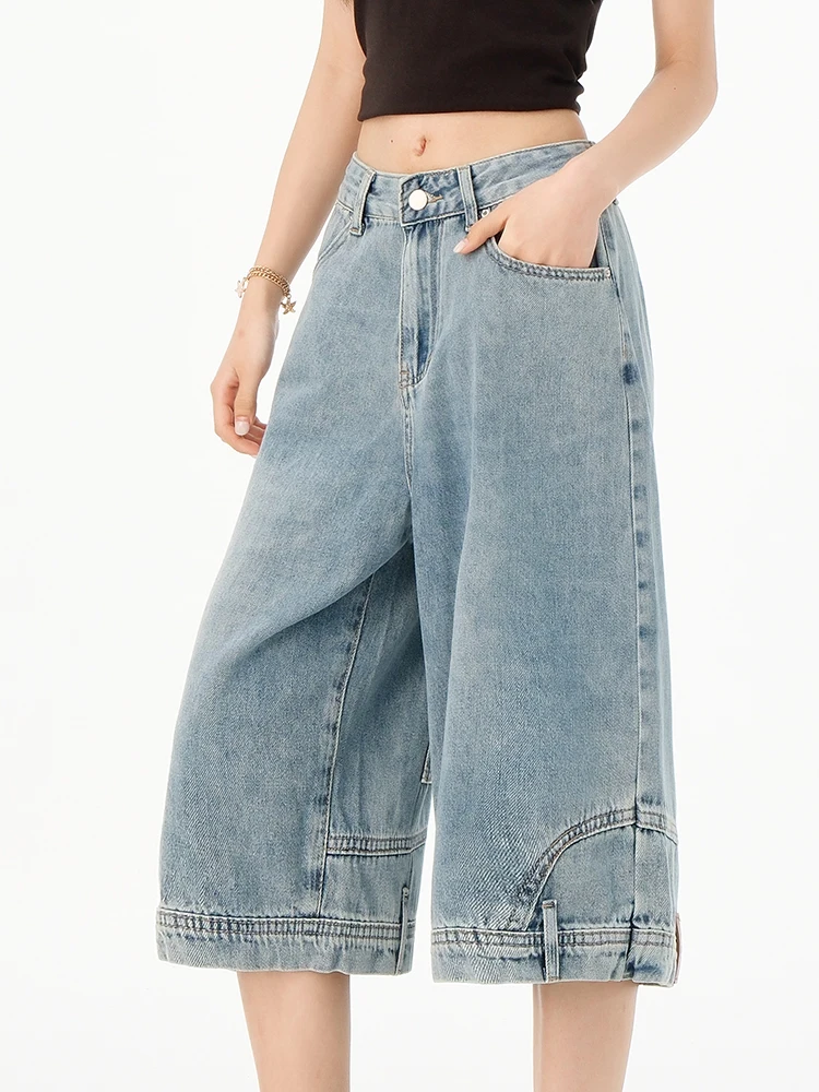 High Fashion Upside-down Calf-Length Jeans Women High Waist Wide Leg Trendy Capri Pants Female Y2K Pocket Blue Denim Shorts 2025