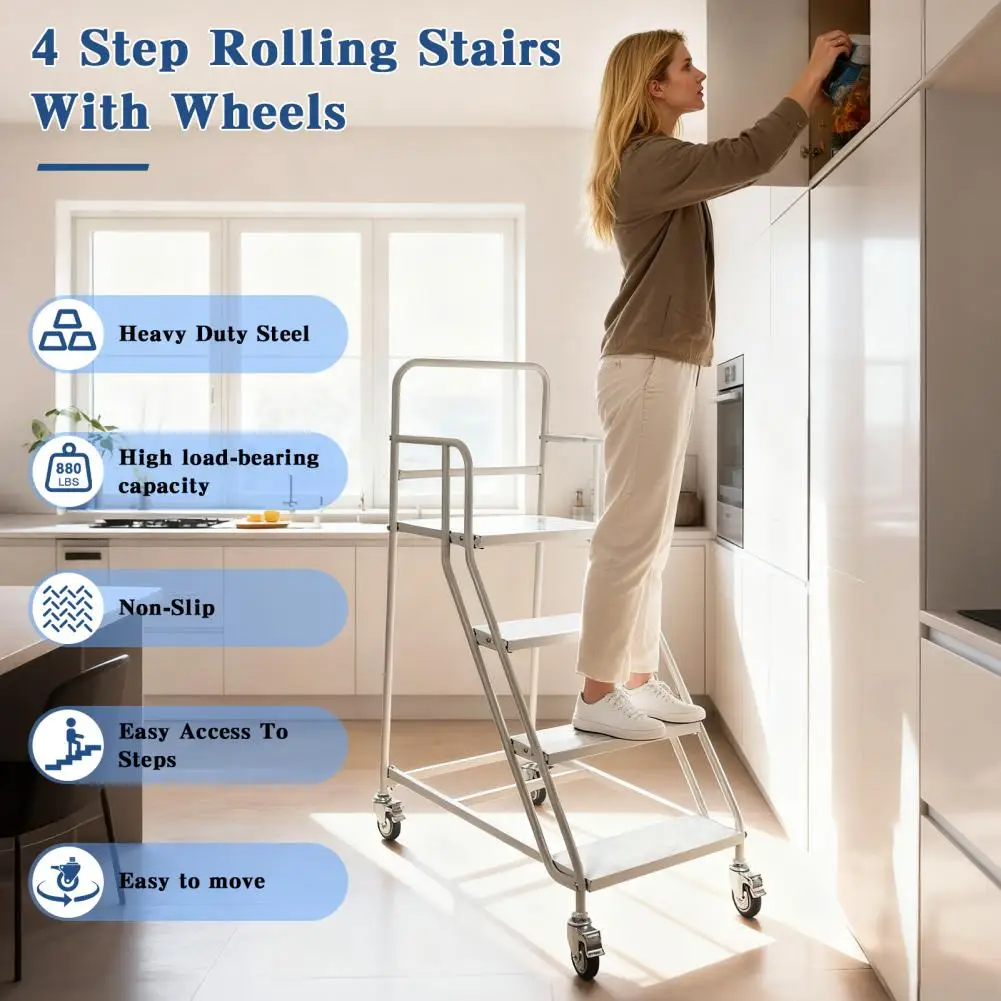4-Step Rolling Ladder with Wheels & Stair Edge Protector 880lbs Capacity Steel Ladder for Library Garage Mobile Step Stool
