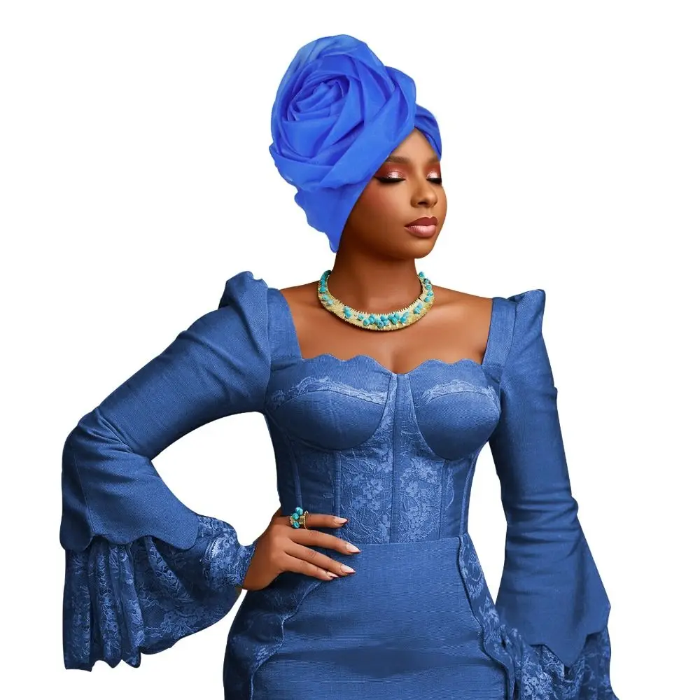 전통 생사 아프리카 터번 캡 헤드웨어 큰 장미꽃 헤드랩 통기성 좋은 가벼운 보닛 파티 헤드기어