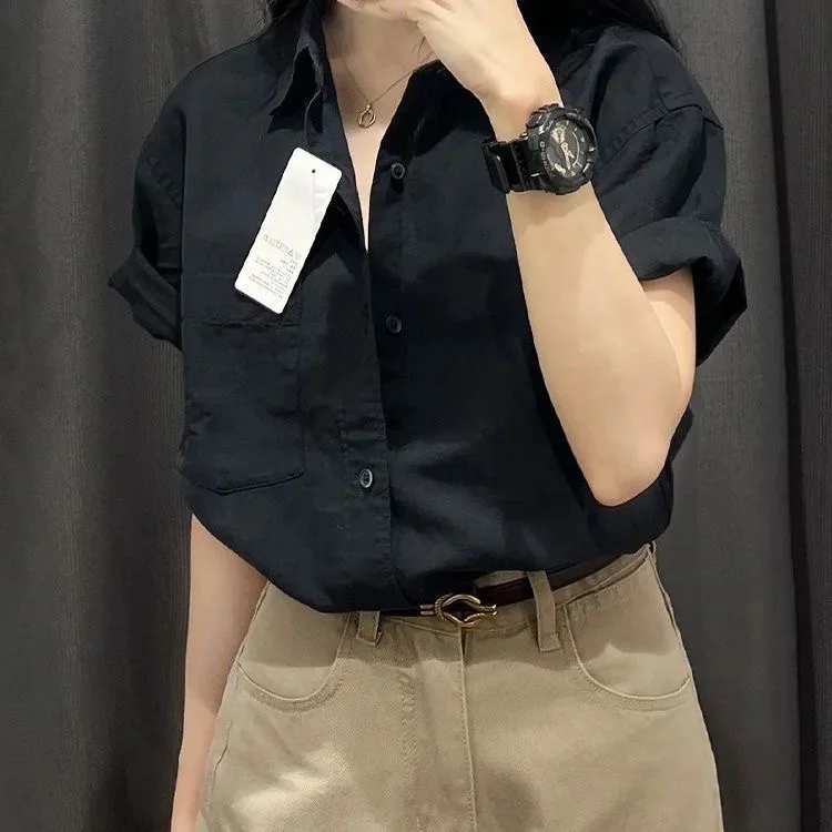 Hong Kong Style Pure Cotton Short Sleeve Women's Shirt Fashion Design Casual Commute Professional Top Summer Breathable Comfo...