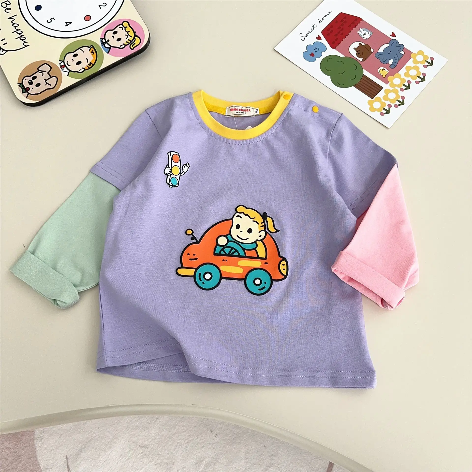 Japanese Harada 2025 Spring New Children's Four Seasons Cotton Comfortable Simple Fake Two piece Cartoon Top Long Sleeve T-shirt