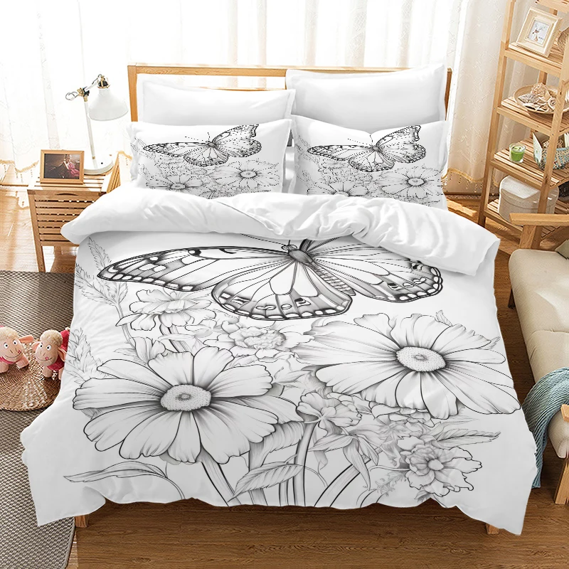 Black and White Butterfly Sketch - Digital Printed Duvet Set - Polyester - Bedroom Decoration -1 Bed cover +2 Pillowcase