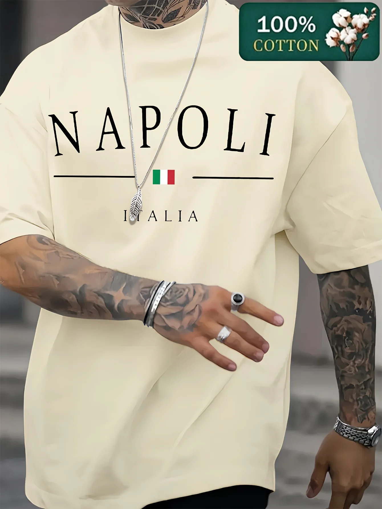 Camiseta masculina de verão 100% algodão puro, casual e moderna, com estampa de padrão Napoli, solta, esportiva, gola redonda e manga curta.