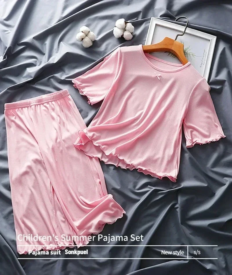 Mädchen-Sets Sommer Dünne Kinder Kurzarm-Set Eisseide 2-teiliges Homewear-Set 2-10 Jahre Mädchen Einfarbiger Kinder-Pyjama-Set – Detail 2
