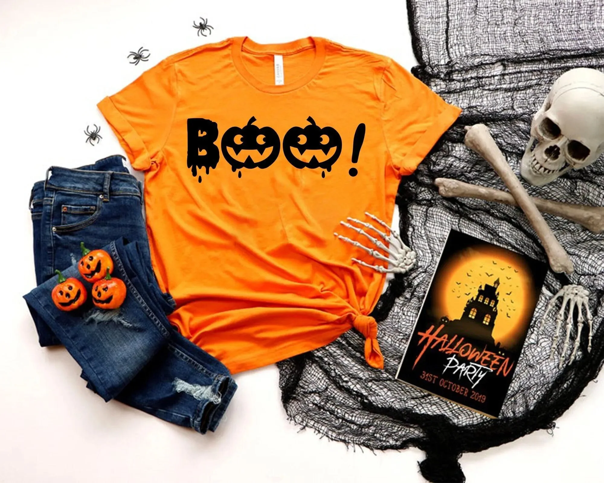 Halloween T Shirt Boo Pumpkin Spider And Web Ghost Trick Or Treat Kids