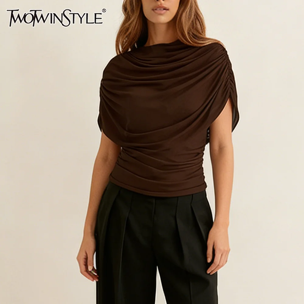 

Женская футболка TWOTWINSTYLE: однотонная, свободного кроя, с драпировкой и вставками, шикарный дизайн, без рукавов, с круглым вырезом, элегантная, летняя мода