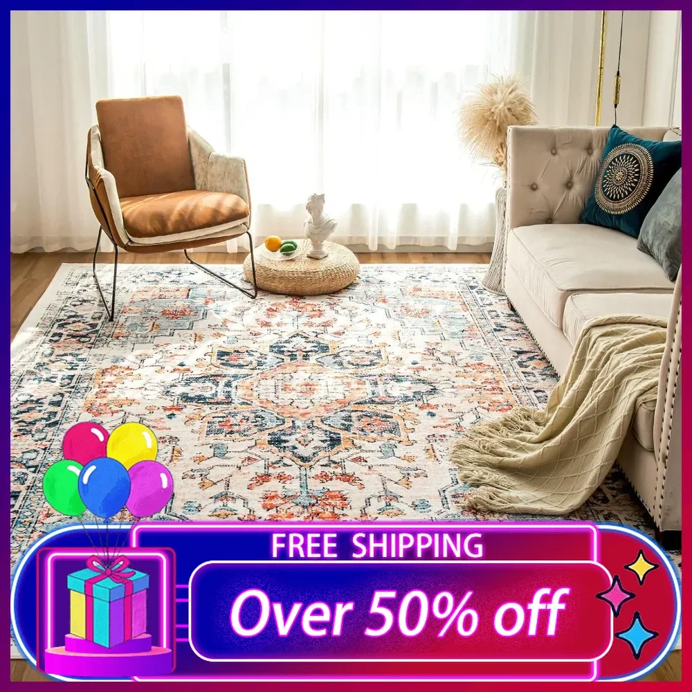 Rug 9'x12' Vintage Design Washable Area Rugs with Non Slip Rugs for Living Room Bedroom Woven Rug Carpet Stain Resistant