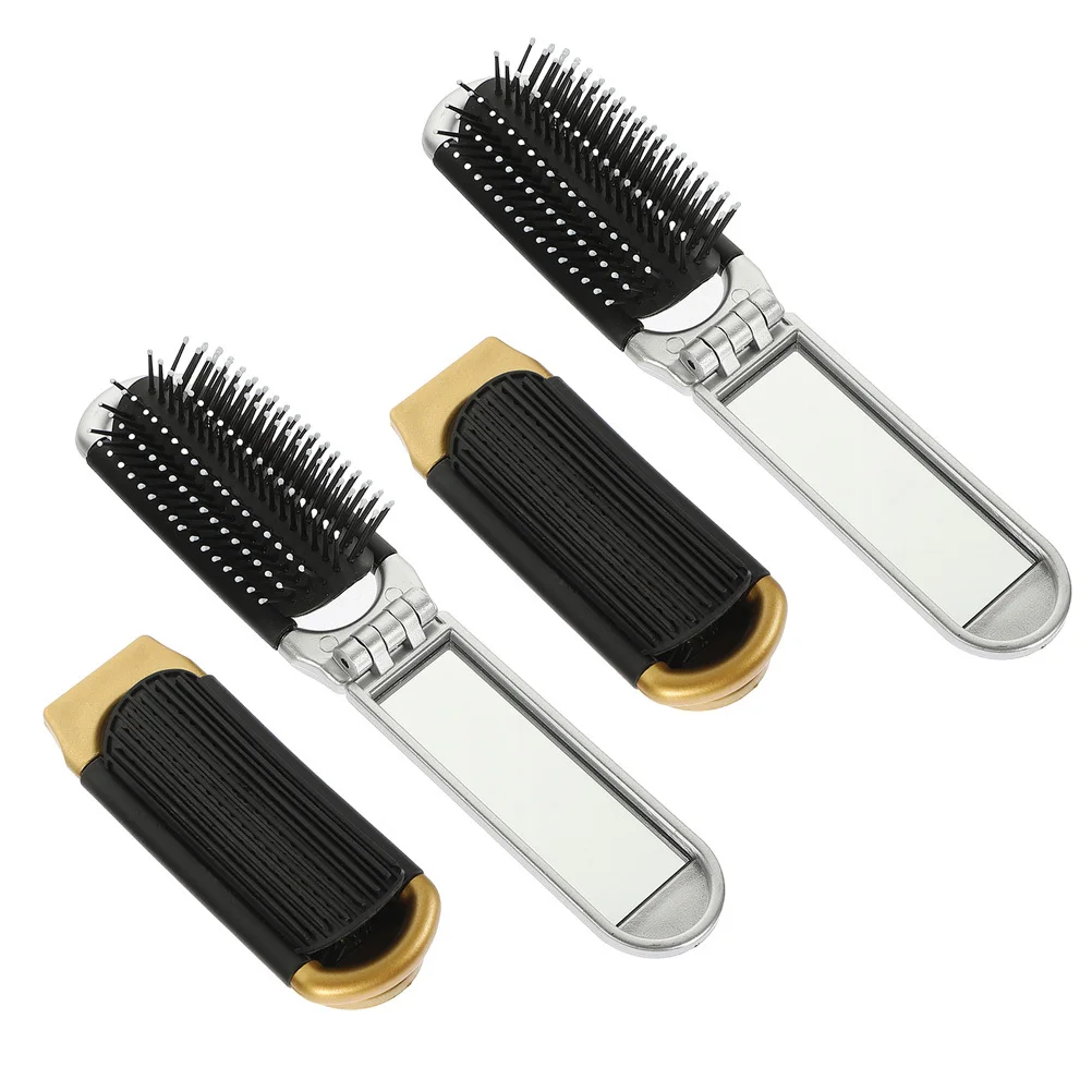 

4 шт. складная расческа, маленькая щетка для волос, портативное зеркало, распутывание, массаж, путешествия, складная, золотисто-серебристая, мини-карманная укладка