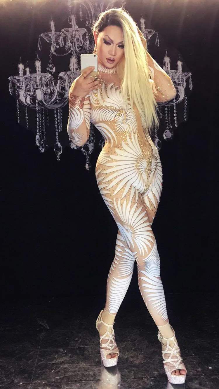 

Sexy Print Jumpsuit Long Sleeve Sparkly Rhinestones Bodysuit Stage Dance Costume Female Singer Club Wear Party Outfit
