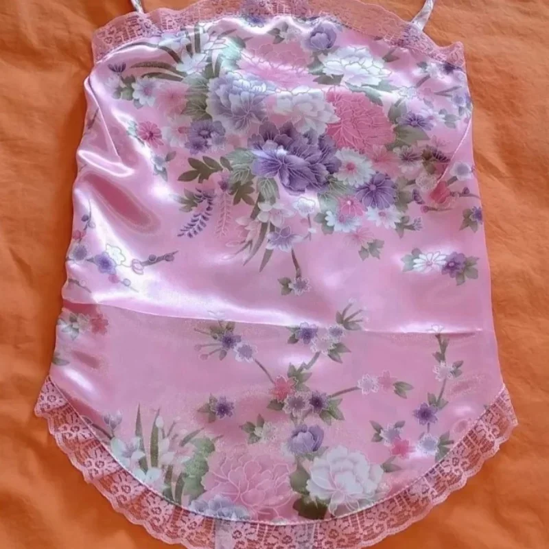 

Man Sexy Pink Glossy Satin Lace DuDou Bellyband Camisole Women Floral Soft Silky Touch Adjustable Belly Tank Top Underwear Party