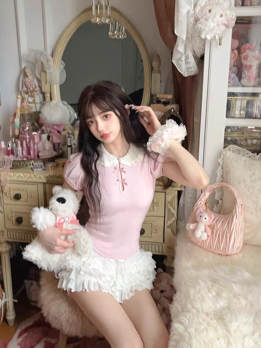 Prinses Lieve Lolita Bobon21 Franse Stijl Meisje Baby Kraag Strik Afslankend Dun Gebreide Korte Mouwen Mooie T-Shirt T2323