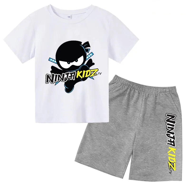 Summer Short Sleeve Round Neck T-shirt +shorts Set Ninja Kids Print Boys Girl Cotton Breathable Children's Leisure Clothing