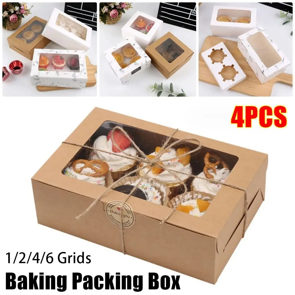 2/4Pcs Cupcake Packing Baking Packing Box 1/2/4/6 Grids Kraft Paper Gift Package Boxes with Tray Transparent Window Pastry Cases