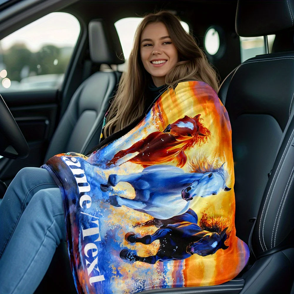 بطانية حصان مخصصة من الفلانيل الناعم مع تصميم خيول مهيب دافئ للمنزل والسفر والتخييم والاستخدام المكتبي #5