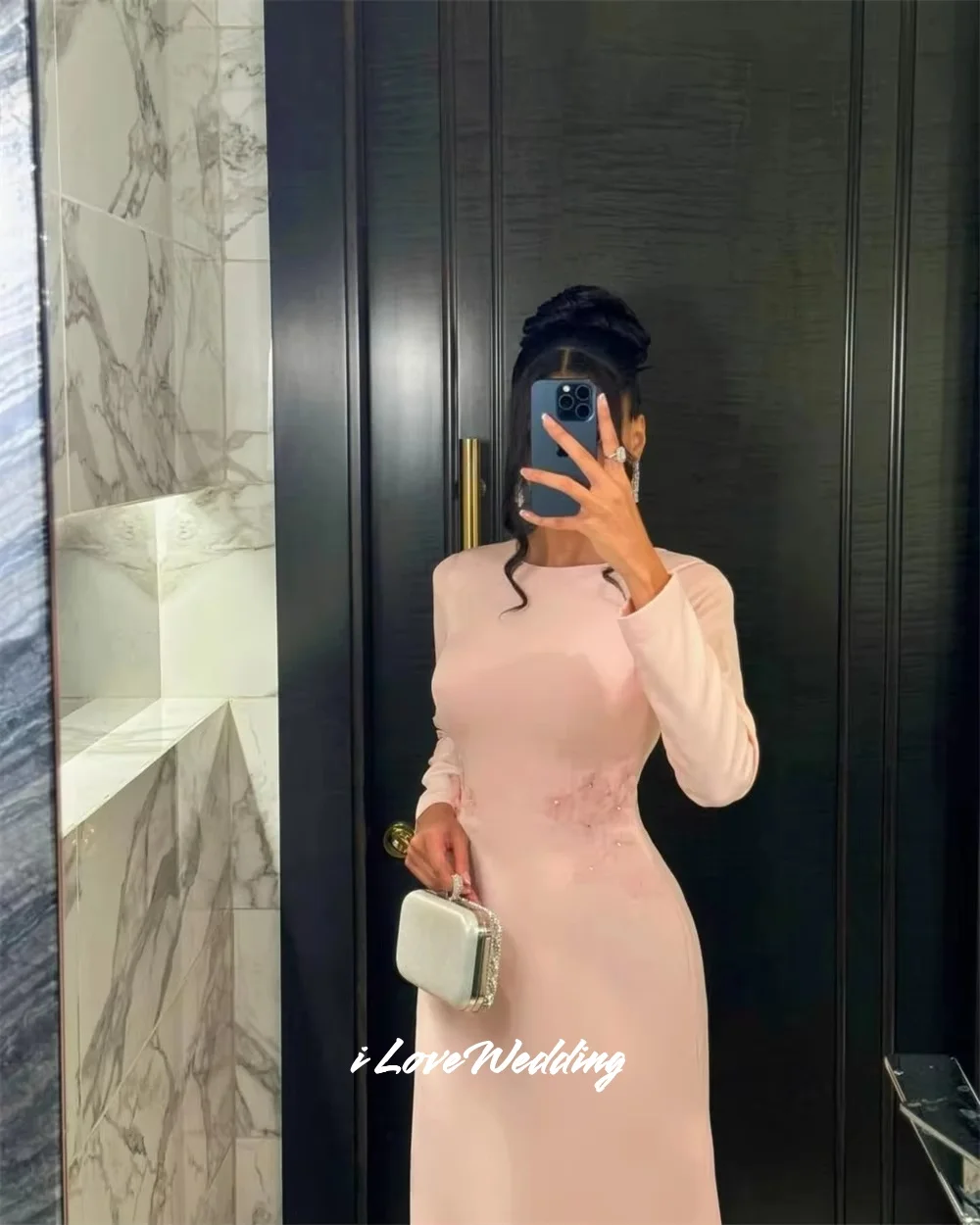 Rosa o-pescoço 3d flor vestidos de baile cetim manga longa sem costas a linha até o chão plissado moderno arábia saudita dubai personalizado