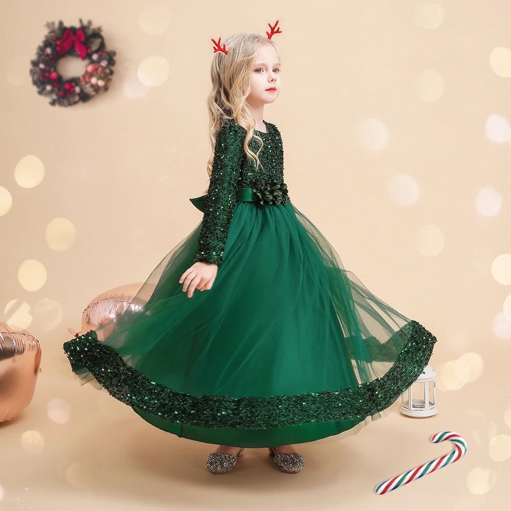 Robe de Noël Verte à Manches sulfpour Fille, Costume de Princesse à Paillettes, Couleur Unie, Élégante, Éducative, pour ixd'Hiver, pour Enfant de 4 à 14 Ans