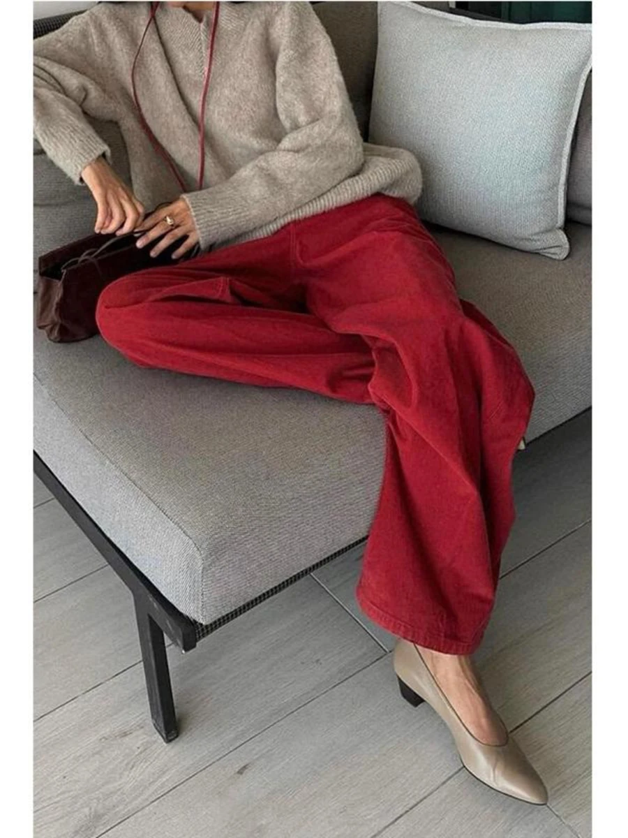 سراويل RORIRI باللون الأحمر الداكن المخملي للنساء بخصر عالٍ وواسعة الساق سراويل قصيرة فضفاضة للنساء ملابس الشارع سراويل طويلة سراويل شتوية