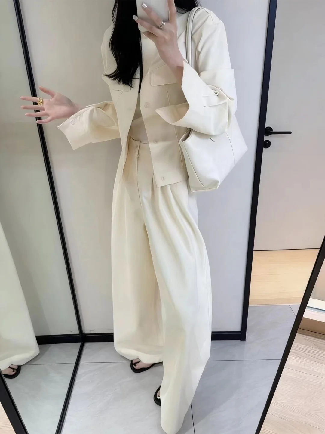 

Spring 2026 Women's Short Coat High Waist Wide Leg Pants Fashion Set Breathable Casual Shirt Button up Spring Collection