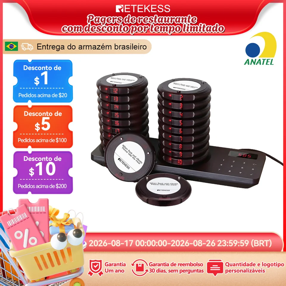 RETEKESS TD163 Sistema de Chamada Sem Fio para Garçons em Pager de Restaurante Vibratórios Compactos e Alerta de Bateria Fraca Ideal para Food Trucks e Cafés