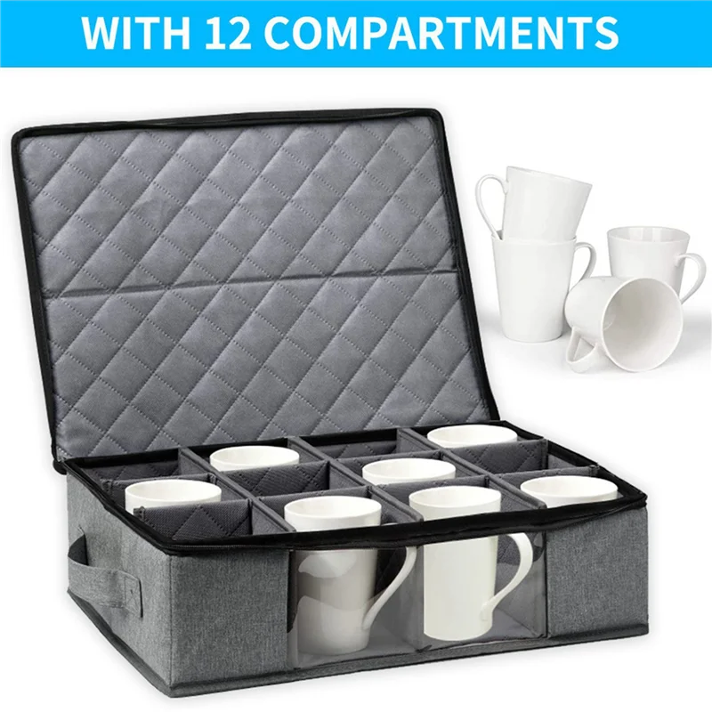 ABWP-2X Mug And Cup Storage Box, Coffee Mug Organizer Tea Cup Storage Container, Glass Mug Storage Chest Case With Dividers