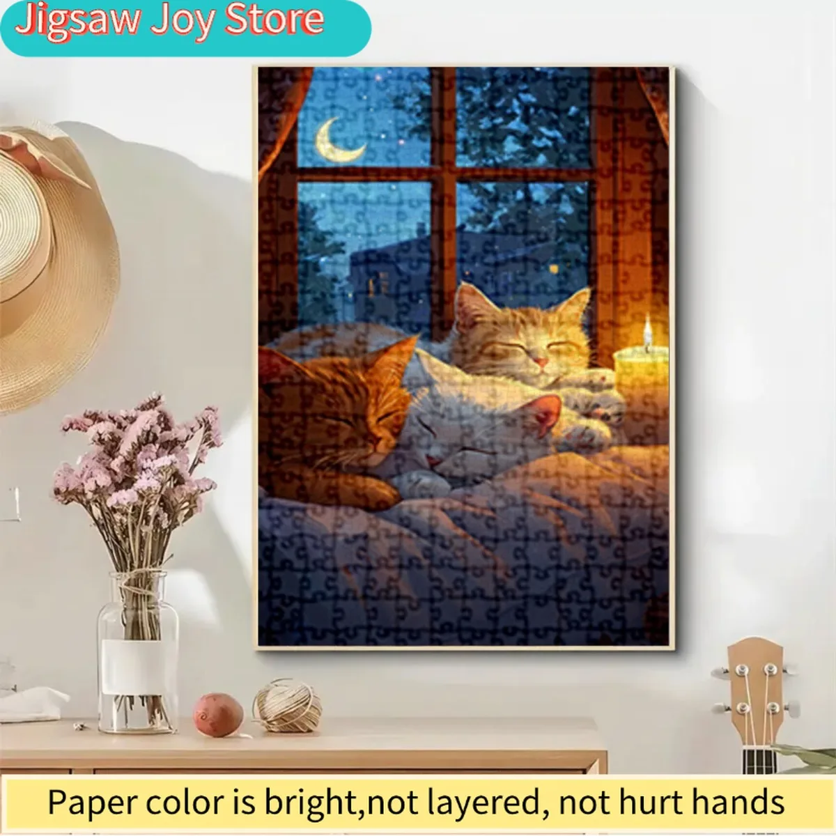 

Пазл на 1000 элементов | Ночной пейзаж с окном и кошками, высококачественная бумажная поделка, сложный уровень сложности, идеально подходит для Рождества.