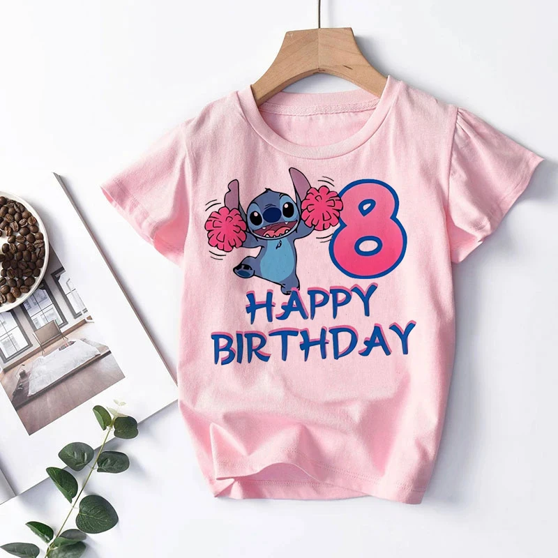 kawaii Stitch Disney Girl Birthday T-Shirt Summer Kids Number Tee Shirt Short Sleeve Children Tee Tops Cartoon Printed Clothes