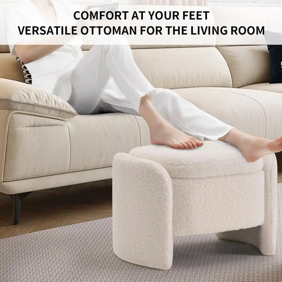 Bench with Lamb Fleece Fabric, Vanity Stool Chair, Upholstered Ottoman with Small Hidden Storage for Bedroom, Living Room, Entry