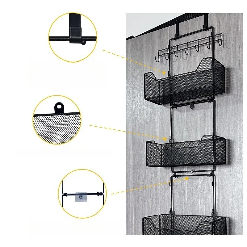 Large Capacity 5 Layer Black Metal Door Storage Removable Design Storage Basket for Kitchen Bathroom Bedroom Closet