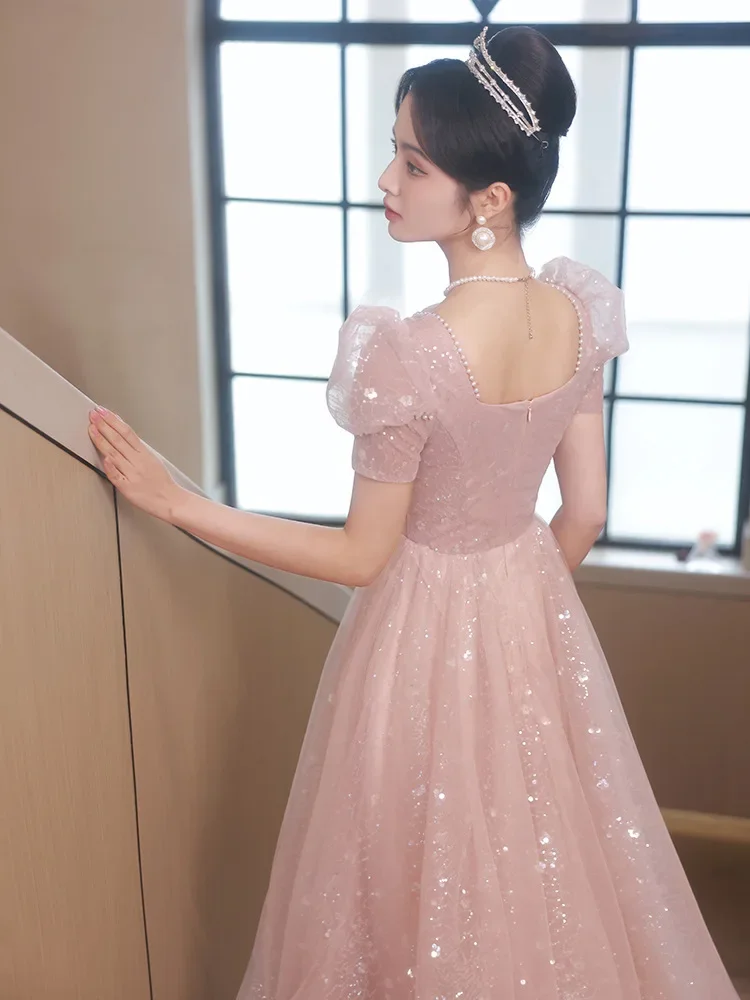 Sweet Memory Pink Evening Dress Appliques Floor-Length Pearl Beading Prom Party Gown Princess Bubble Sleeve Vestidos