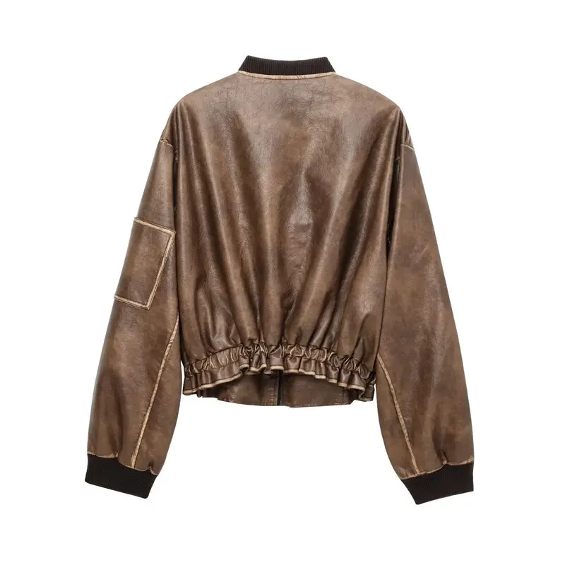 Retro Faux Leather Jaet Women's Loose Fit Autumn Winter New Sle Design Sense Rubbing Leather Coat Casual ort Outerwear