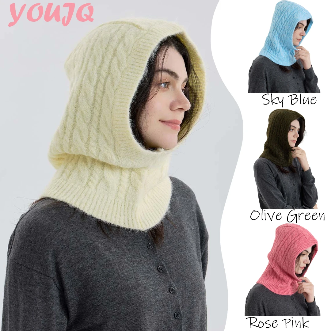 8% Wool Pullover Scarf Integrated Balaclava Hats for Men Women Winter Neck Protection Helmet Liner Knitted Bomber Caps Bonnet