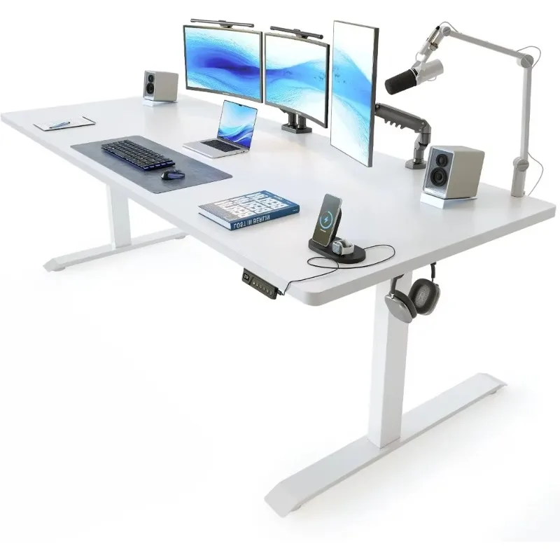 D19-1 71x37 Inch Dual-Beam Electric Desk With Cable Management, Memory Height For Home Office, Thick White Tabletop