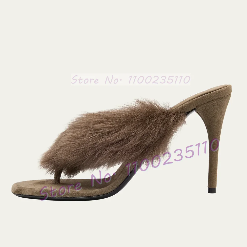 

Коричневые меховые стринги с закругленным открытым носком, женские элегантные летние уличные пушистые стильные тапочки для вечеринок, лаконичная обувь большого размера