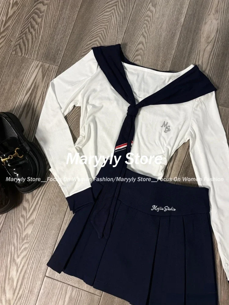 2024 Autumn Sweet Preppy Style 3 Piece Set Women Fashion Solid Slim T Shirt + Casaual Shawl + High Waist Pleated Mini Skirt New