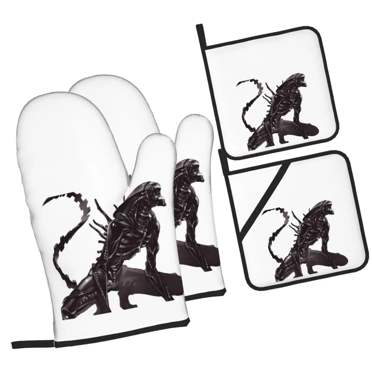 

Xenomorph Alien наборы рукавиц для духовки и держателей для кастрюль из 4 штук для выпечки, кухни, приготовления пищи, устойчивых к грилю нескользящих перчаток