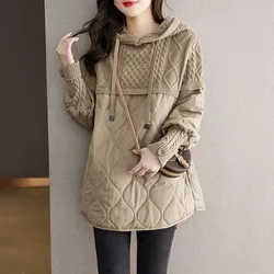 Knitted Sweater Splicing Hooded Cotton-Padded Jacket Women Winter New Thin Casual Mid-Length Coat Female Loose Outerwear W384